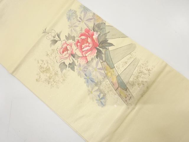 引箔螺鈿　手描き　片輪車に牡丹・菊模様　名古屋帯